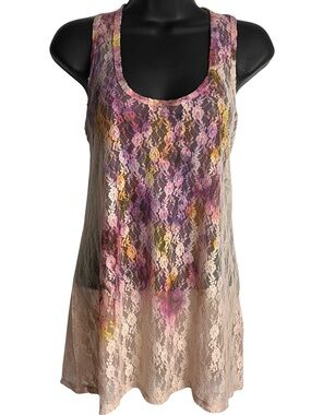 Circles and Cycles Womens Lace Tank Top L Peach Floral Moody SheerFairy Grunge‎